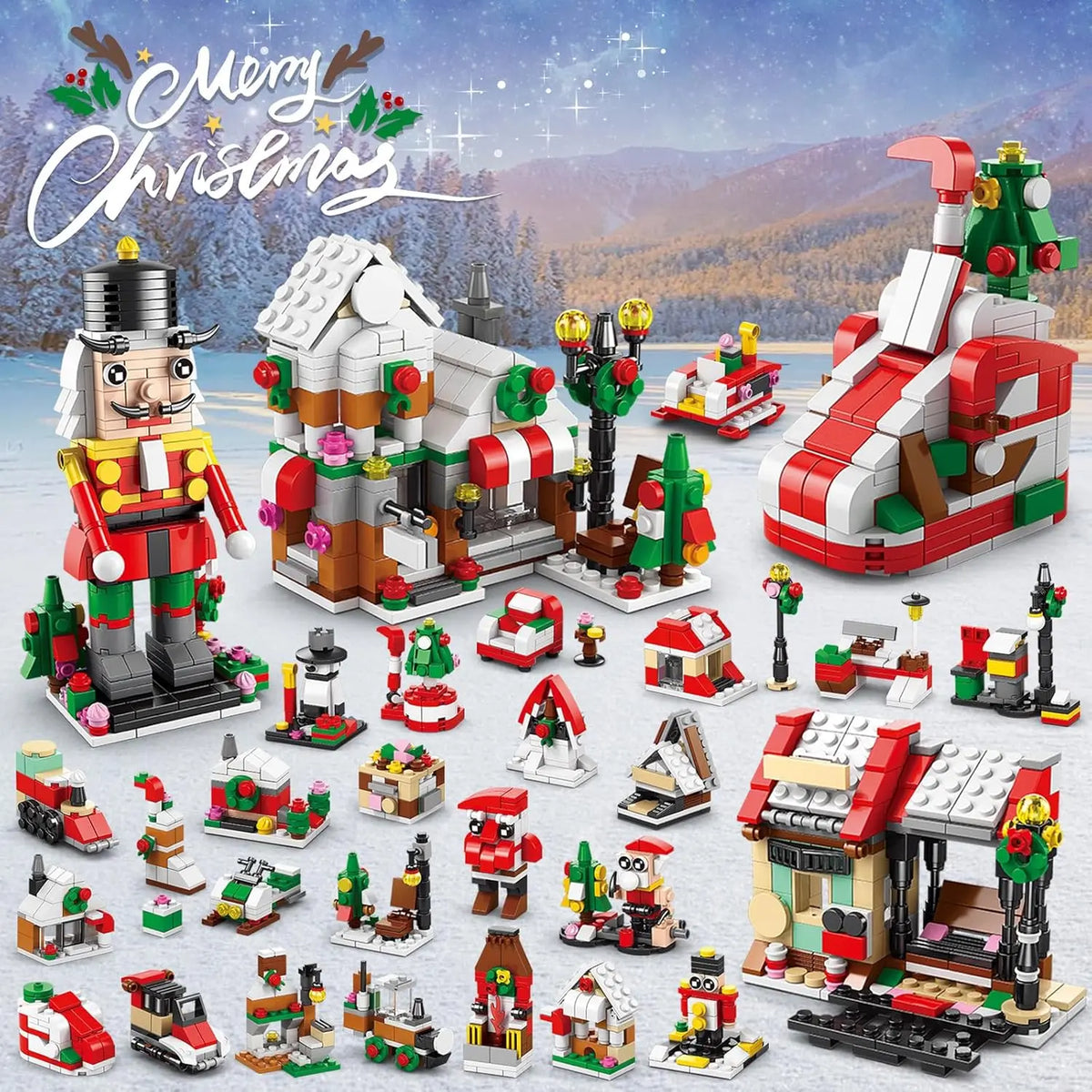 A set of Christmas themed building blocks and miniature figures for a holiday advent calendar display.