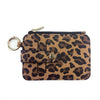 A brown leopard print PU leather card holder with a coin pocket and attached keychain.