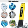 Yellow digital pH and TDS water tester device shown with various water samples for wide application