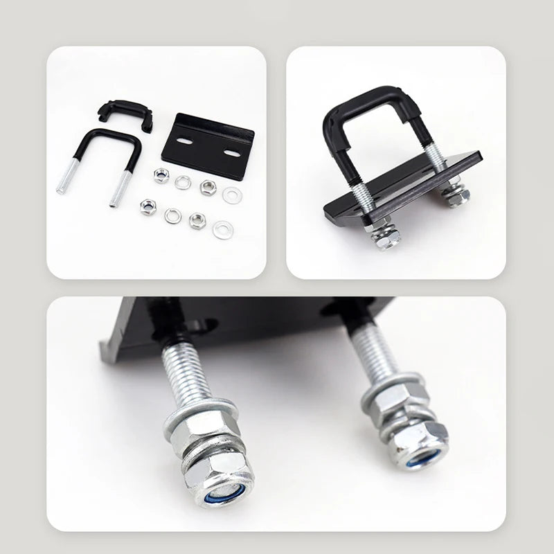 A set of heavy duty trailer anti-rattle stabilizer locks including a mounting plate and threaded bolts.