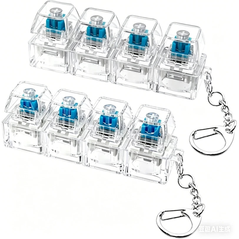 Clear acrylic LED macaron keyboard fidget toys in blue and silver packaged as a keychain set