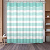A light mint green and white striped waffle weave shower curtain hanging from a metal rod.