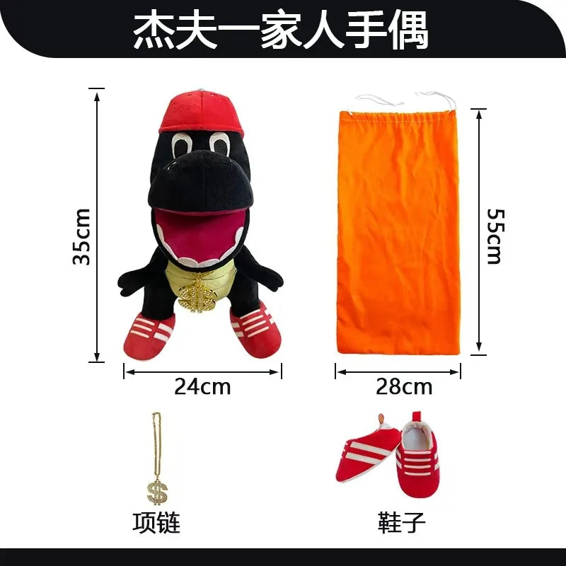 A black and red plush hand puppet resembling a zombie boy, shown with its string and accompanying shoes.