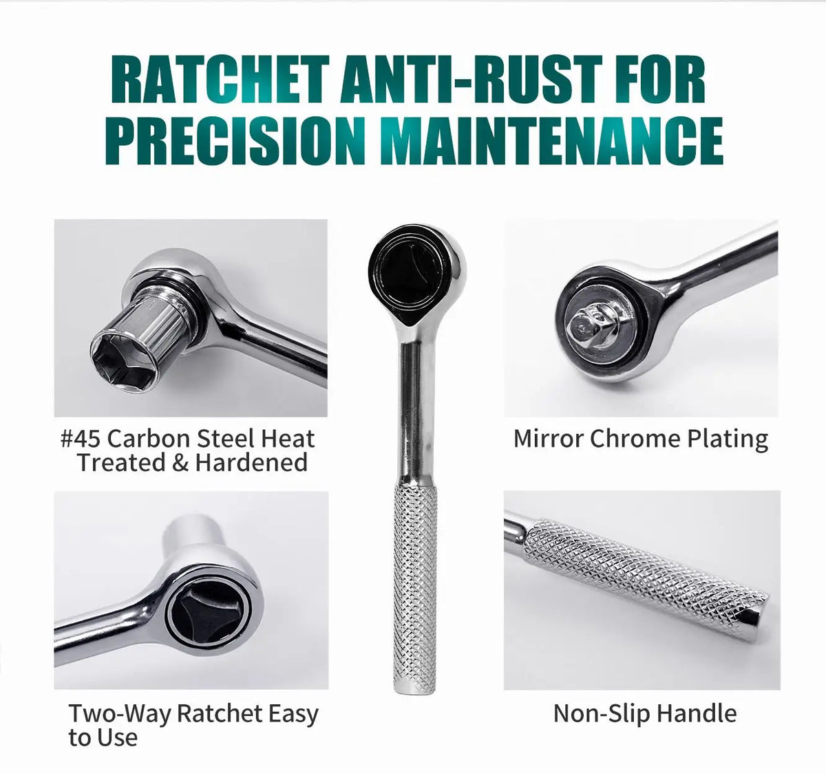 A set of ratcheting sockets and an Allen wrench with a non-slip handle and mirror chrome plating.