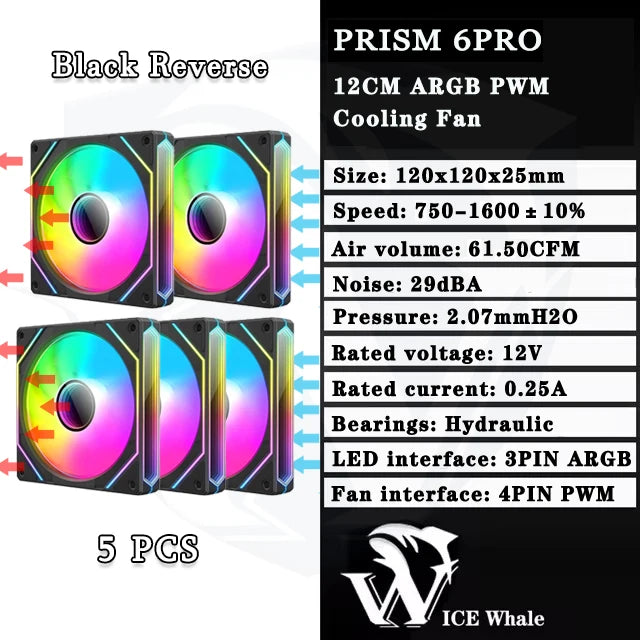 Schwarzer Reverse Prism 6Pro 12cm ARGB PWM-Kühlventilator mit hydraulischen Lagern und 4-Pin-PWM-Schnittstelle
