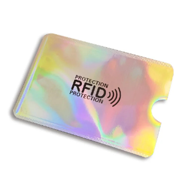A translucent, iridescent aluminum card holder designed for RFID protection.