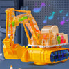 A yellow transparent gear excavator toy with LED lights is shown against a dark background.