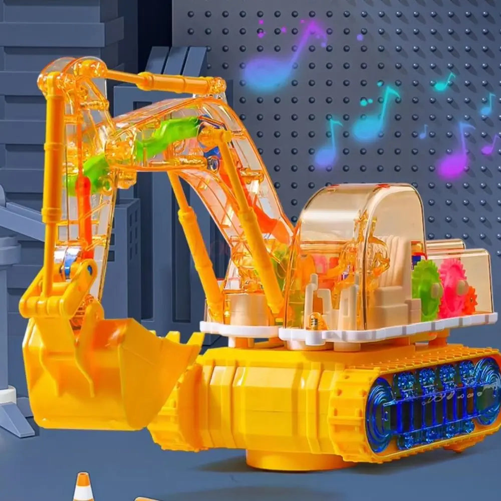 A yellow transparent gear excavator toy with LED lights is shown against a dark background.