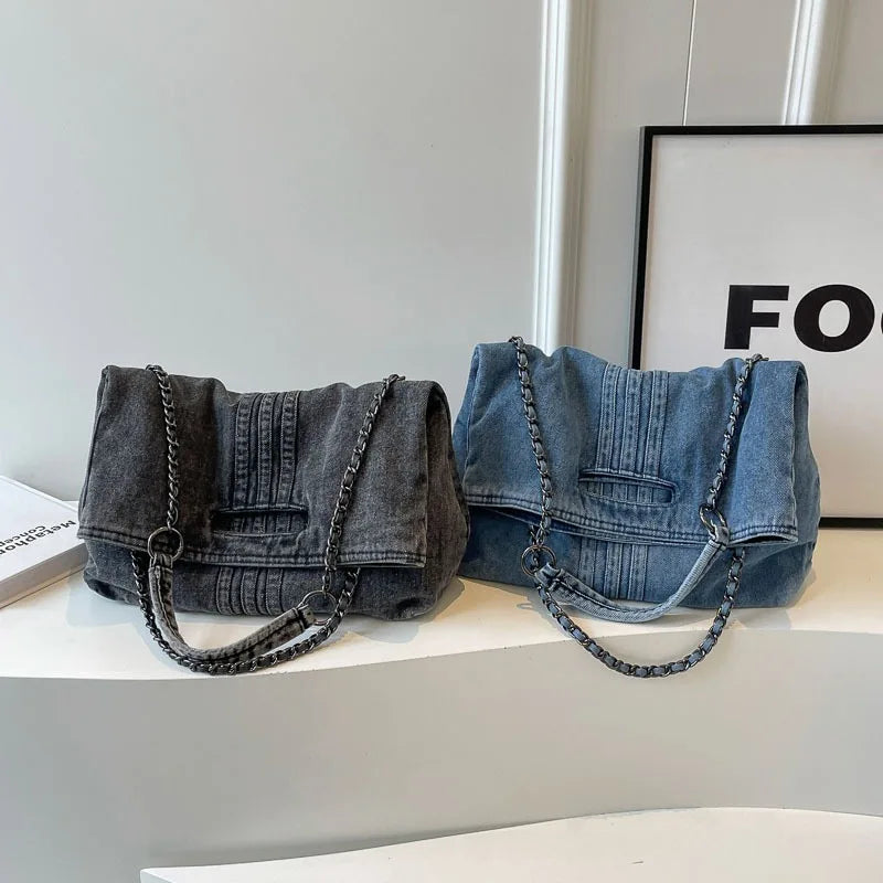 Oxford Denim Tote Bag with Chain Strap