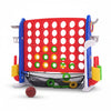A red and blue outdoor game set featuring a basketball hoop and ring toss for children.