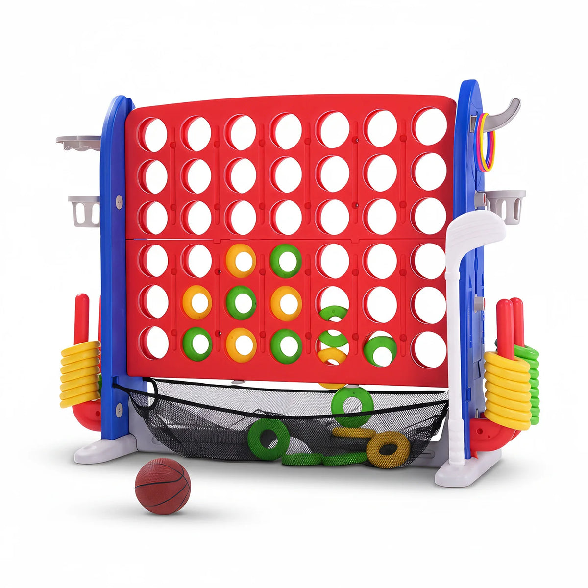 A red and blue outdoor game set featuring a basketball hoop and ring toss for children.