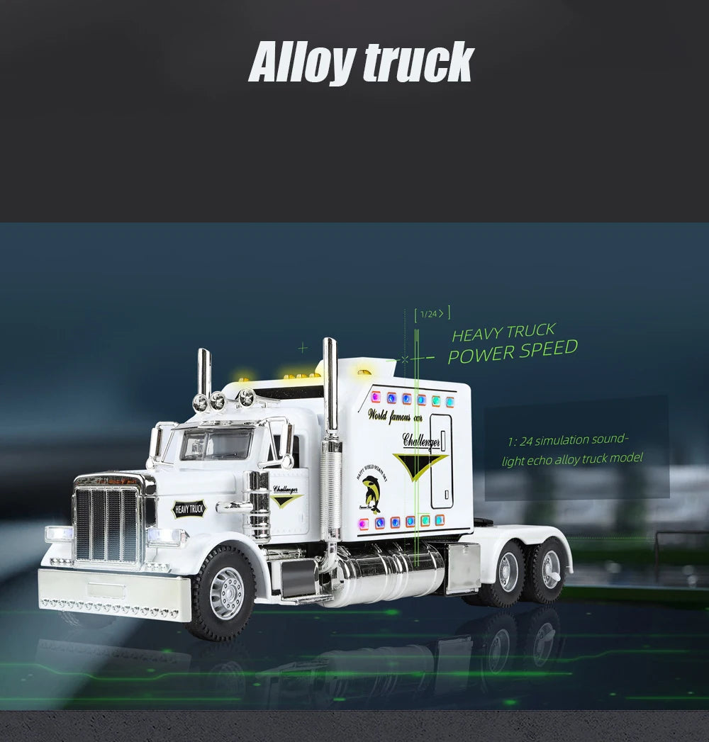 A white 1:24 scale diecast model of a Peterbilt 389 heavy truck with pull-back action, sound, and lights.