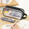 A clear mesh pencil case is shown open, containing various school and office supplies like pens and pencils.