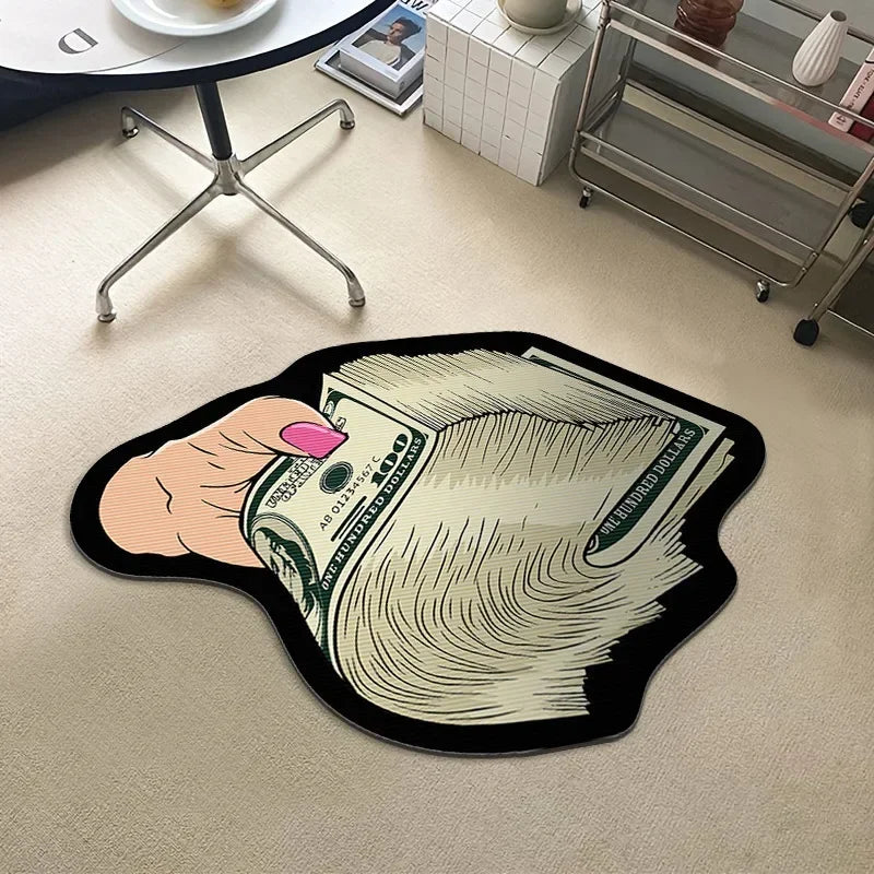 A black rug featuring a stylized illustration of a hand holding a stack of US hundred dollar bills.