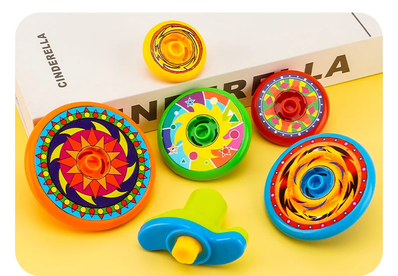 Colorful five-layer stacking spinning top toys in various bright colors on a yellow background.