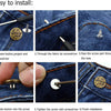Instructions showing how to install a replacement button through denim fabric using a screwdriver.