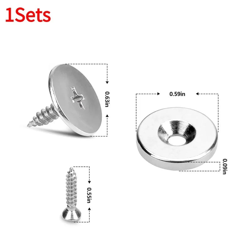 A set of hidden magnetic door catches for cabinets and wardrobes, shown as a flat disc and a screw.