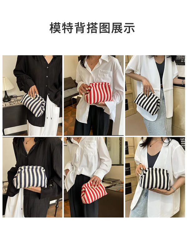 A display showing various angles of a woven crochet hobo handbag with red and white stripes.
