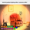 An orange armchair is illuminated by a colorful gradient lighting effect and phantom effect in a room.