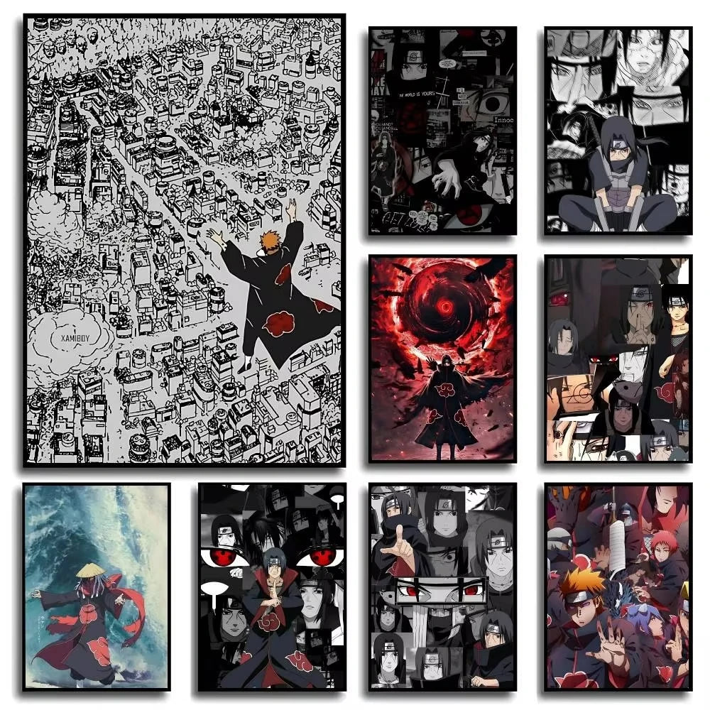 A collection of manga and anime style artwork featuring characters in various poses and dramatic scenes.