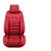 A red PU leather car seat cover for a single front seat, featuring stitching and a small flag emblem.