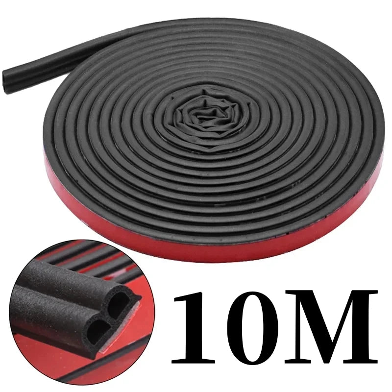 A roll of black flexible rubber door seal strip with a red backing, labeled 10M.