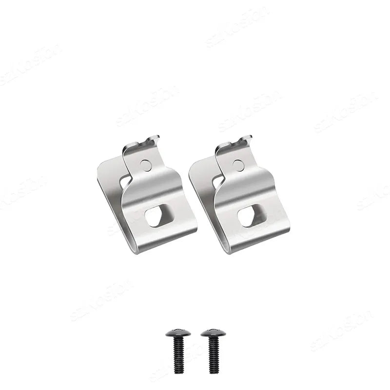 Two stainless steel belt clip hooks for Dewalt 20V MAX drills with corresponding screws.