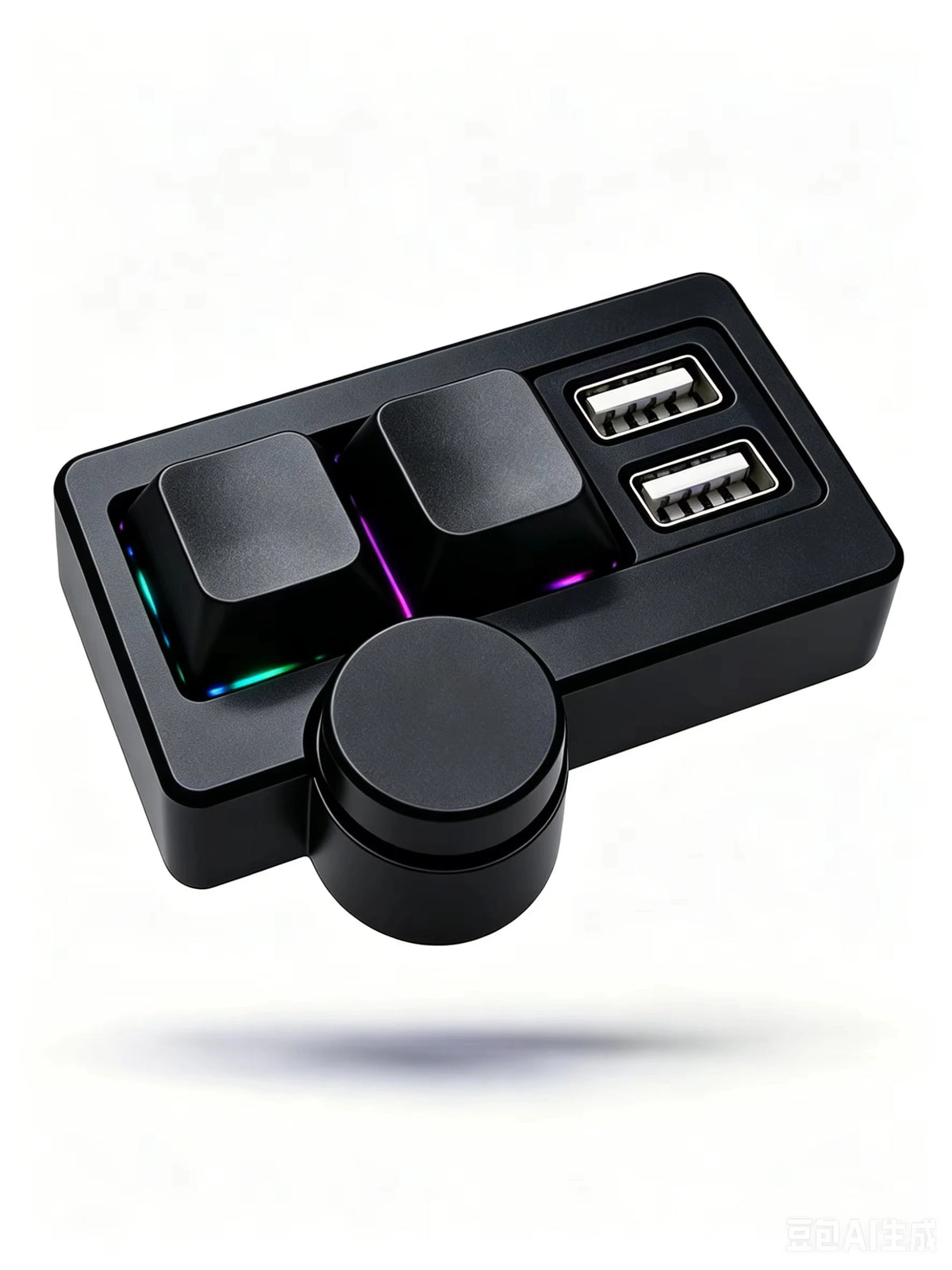 Black mini mechanical keyboard with RGB backlight and a multimedia knob, showing the top surface.