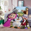 A fleece throw blanket featuring characters from Masha and the Bear cartoon