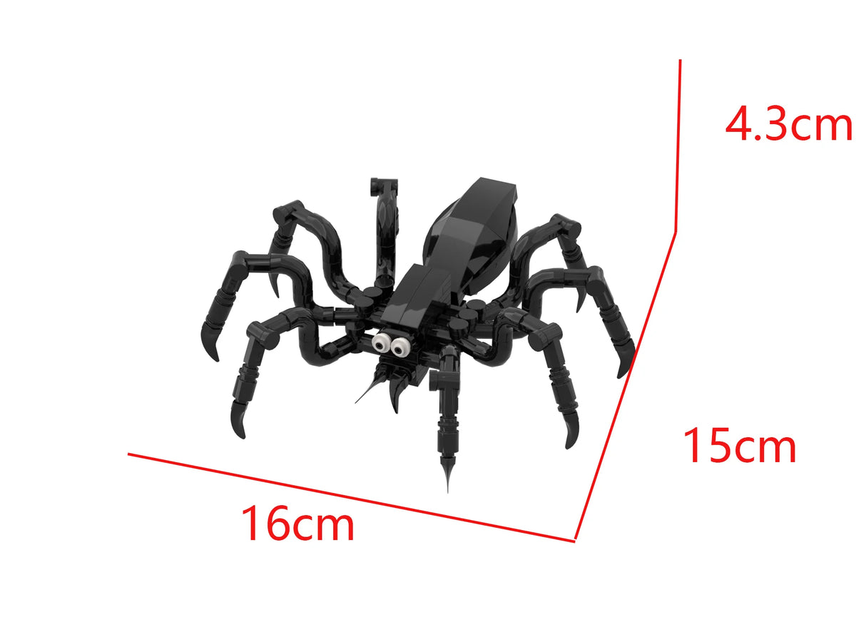 A black spider model built from building blocks, shown with dimensions of 4.3cm, 15cm, and 16cm.