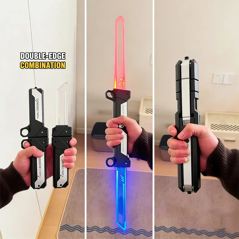 A hand holds a double-edge combination light-up sword and axe toy with sound effects.