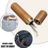 A wooden sewing needle set with a side hole design shown alongside a small pouch and a fabric detail.
