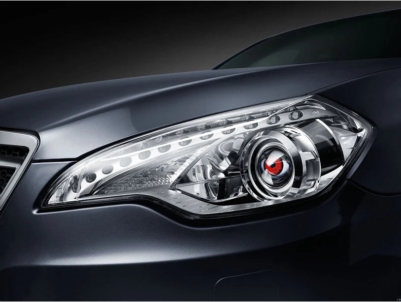 Close-up of a silver car's headlight featuring a 3-inch LED devil eye design.
