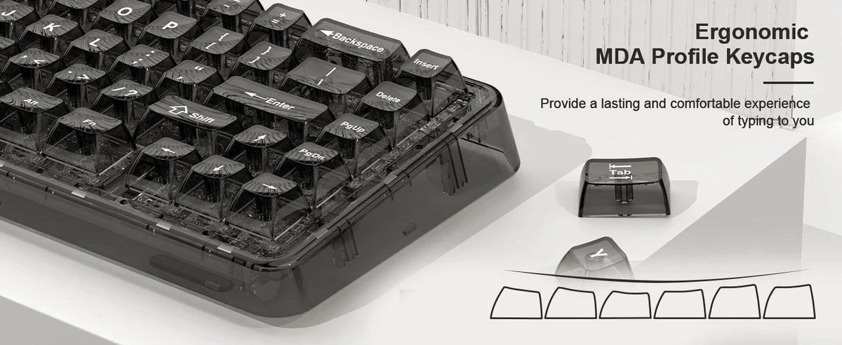 A close-up view of an ergonomic MDA profile keycap set for a keyboard, showing individual keycaps and a sample layout.