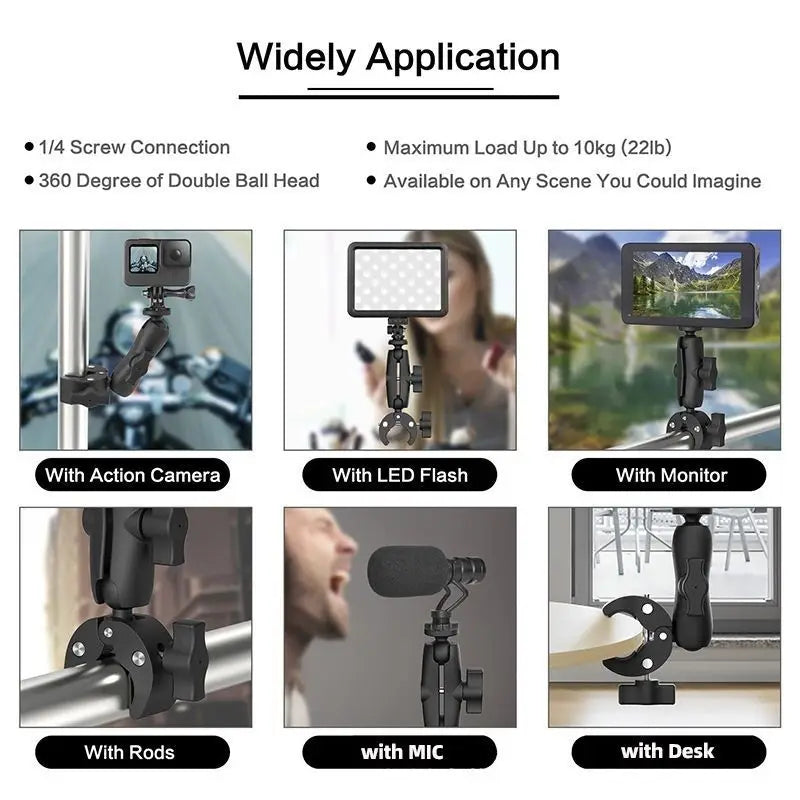Various mounting options for an action camera including screw connections, ball heads, LED flash, monitor, rods, microphone, 