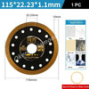 A circular diamond saw blade with a gold rim and black disc, designed for cutting tiles, slabs, glass, and marble.