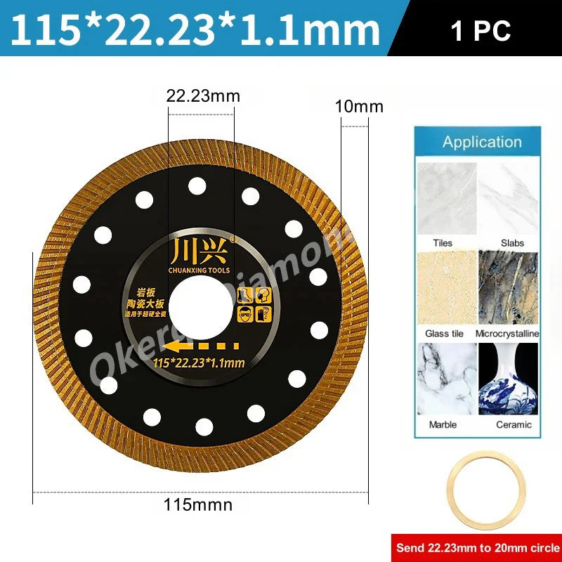 A circular diamond saw blade with a gold rim and black disc, designed for cutting tiles, slabs, glass, and marble.