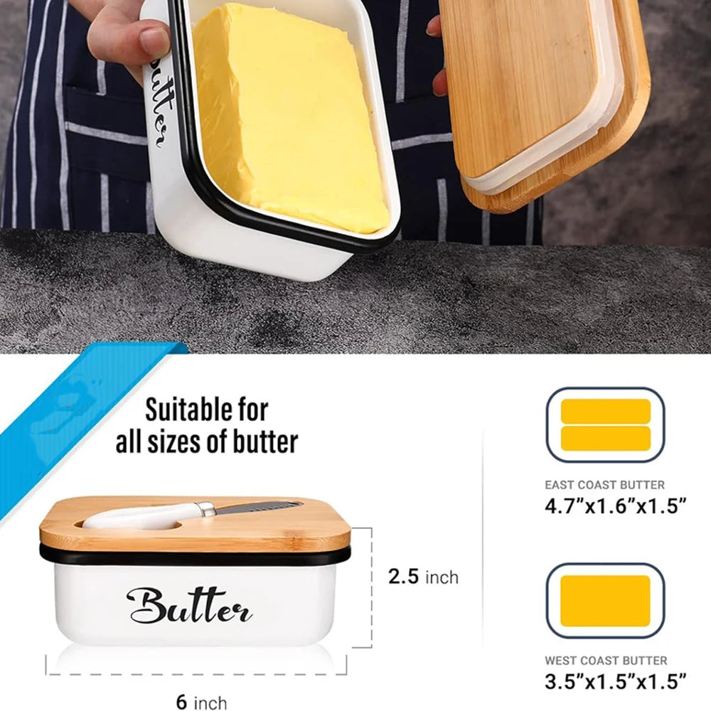 A white metal butter dish with a lid and stainless steel knife is shown next to examples of East Coast and West Coast butter 