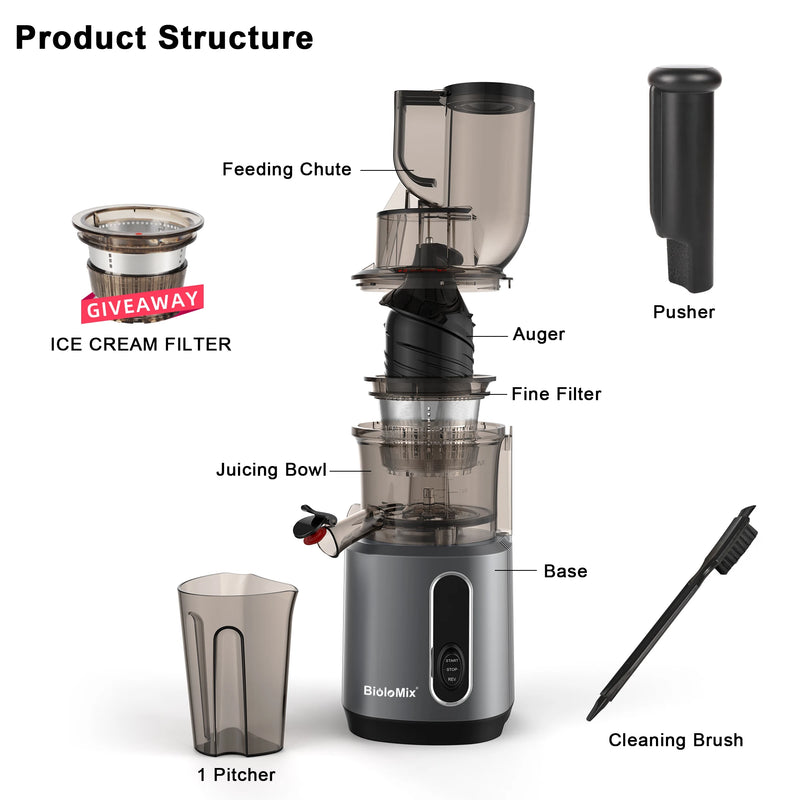 Slow Masticating Cold Press Juicer with Wide Feed Chute