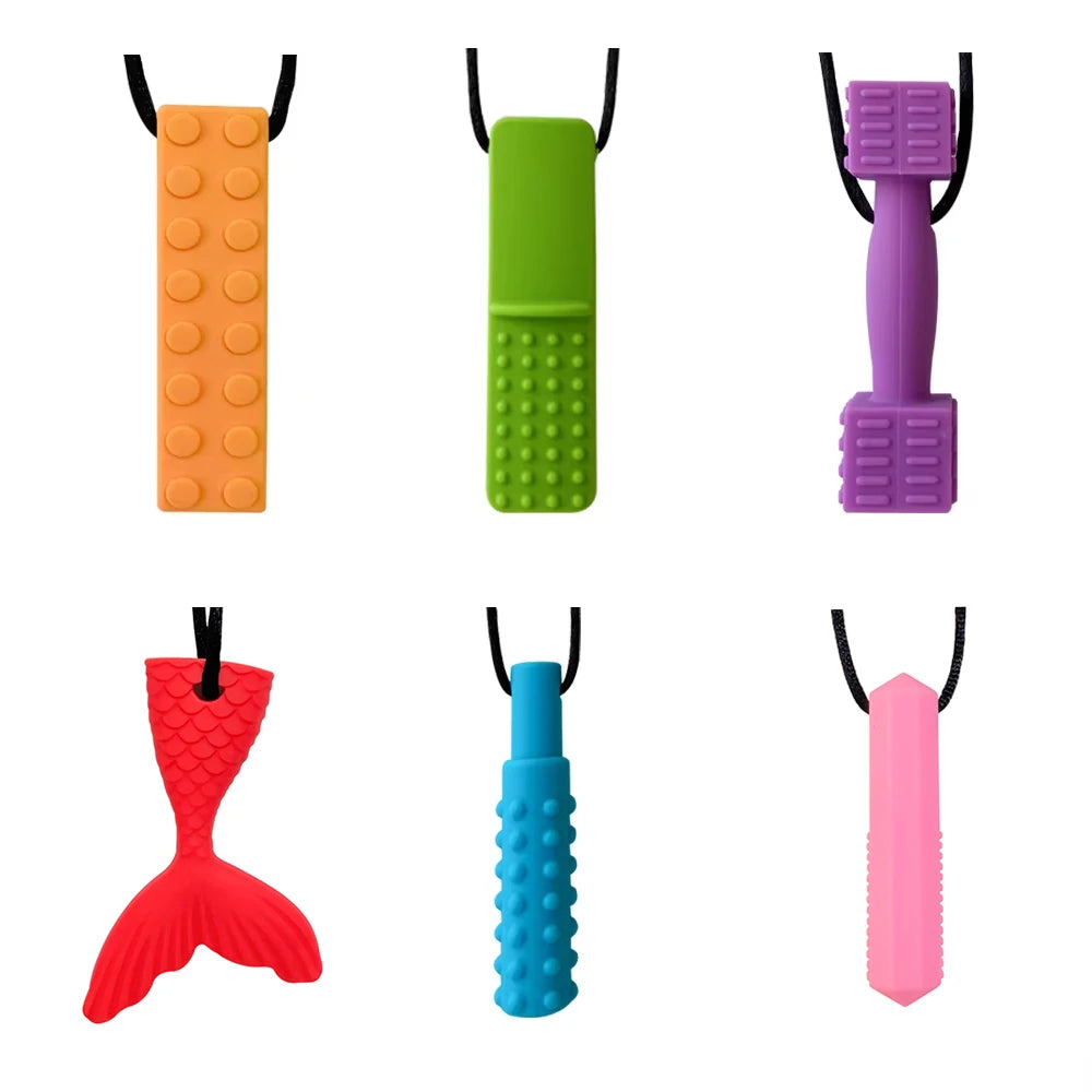 A set of silicone sensory chew necklaces for kids in orange, green, purple, red, blue, and pink.