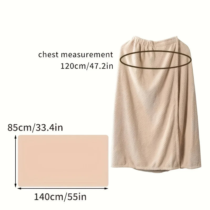 A beige women's quick-dry wearable bathrobe towel shown with measurements for chest and length.