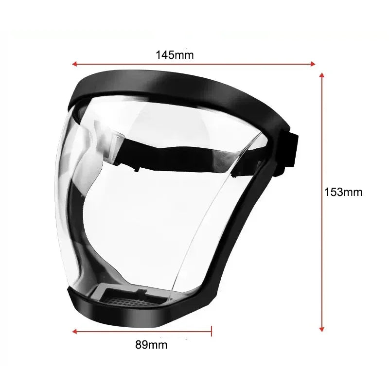 Clear protective face mask with anti-fog shield and silicone seal shown from the front.