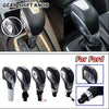 Leather-wrapped gear shift knob for Ford models shown in various angles and installations