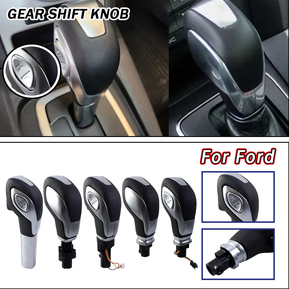 Leather-wrapped gear shift knob for Ford models shown in various angles and installations
