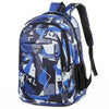 A blue and white patterned laptop backpack for work, school, and travel.