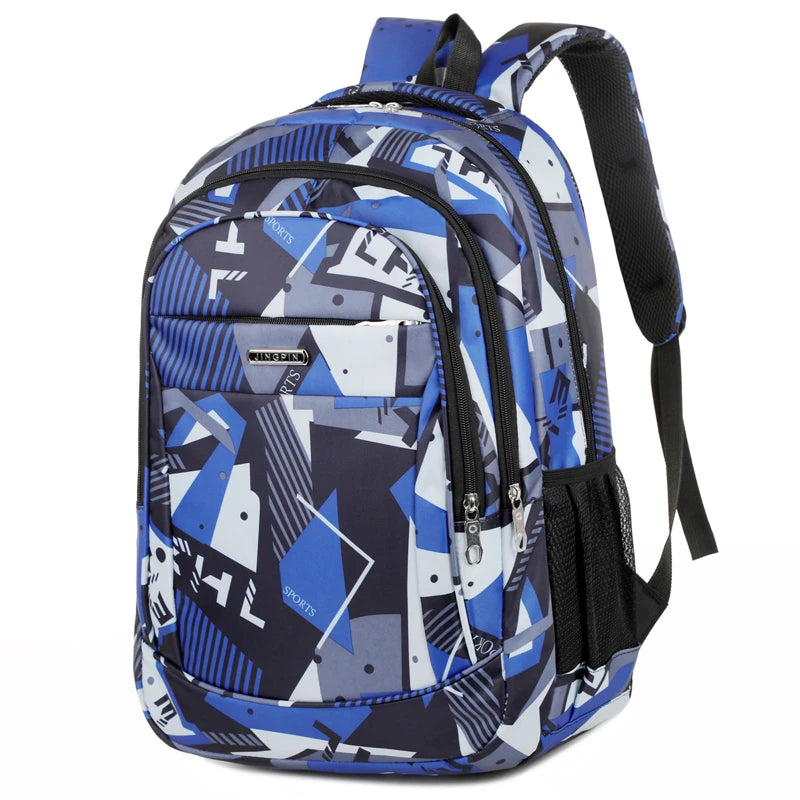 A blue and white patterned laptop backpack for work, school, and travel.