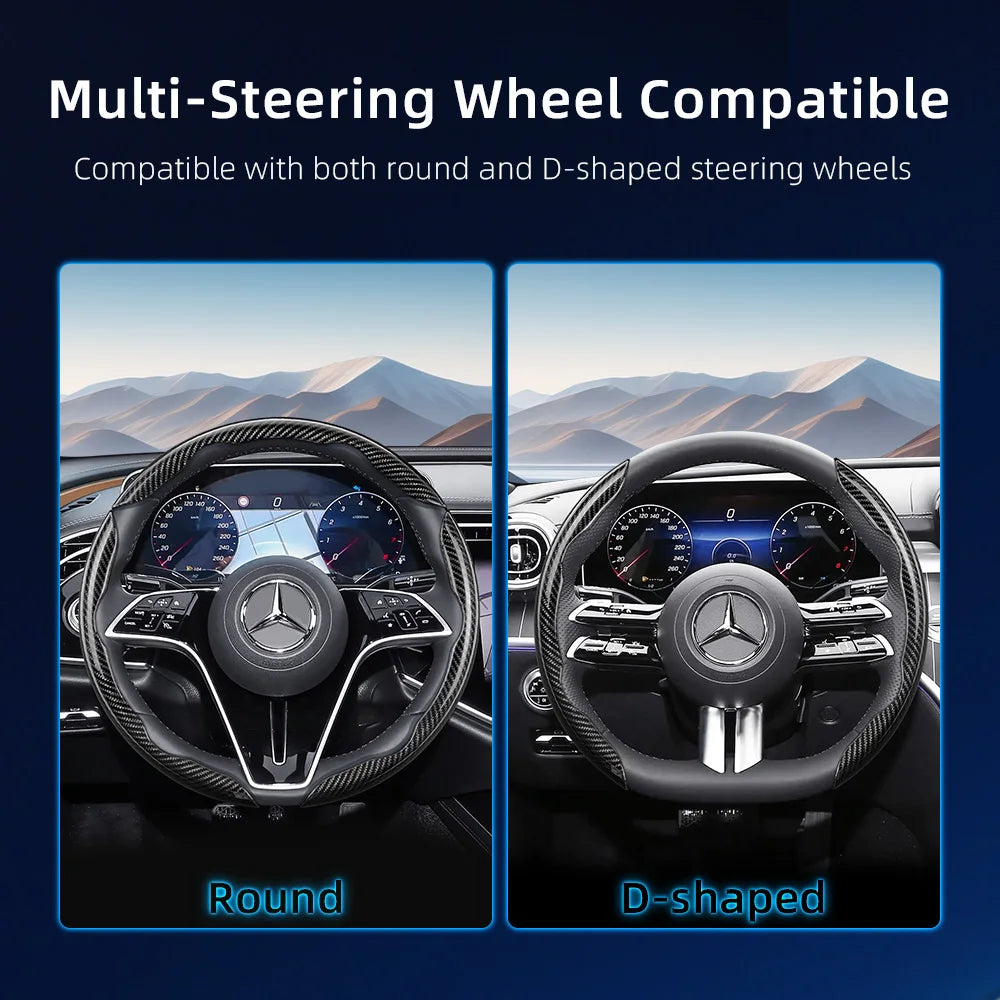 Two steering wheel covers, one round and one D-shaped, made of carbon fiber texture for Mercedes-Benz models.