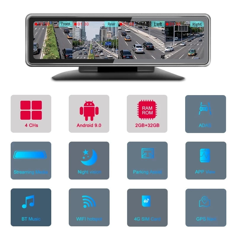 4-Channel 360° Mirror Dash Cam with GPS & Android OS