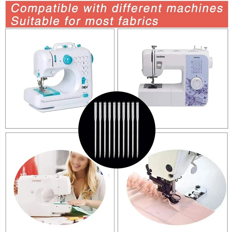 A set of stainless steel sewing machine needles for denim and jeans, shown alongside various sewing machines.