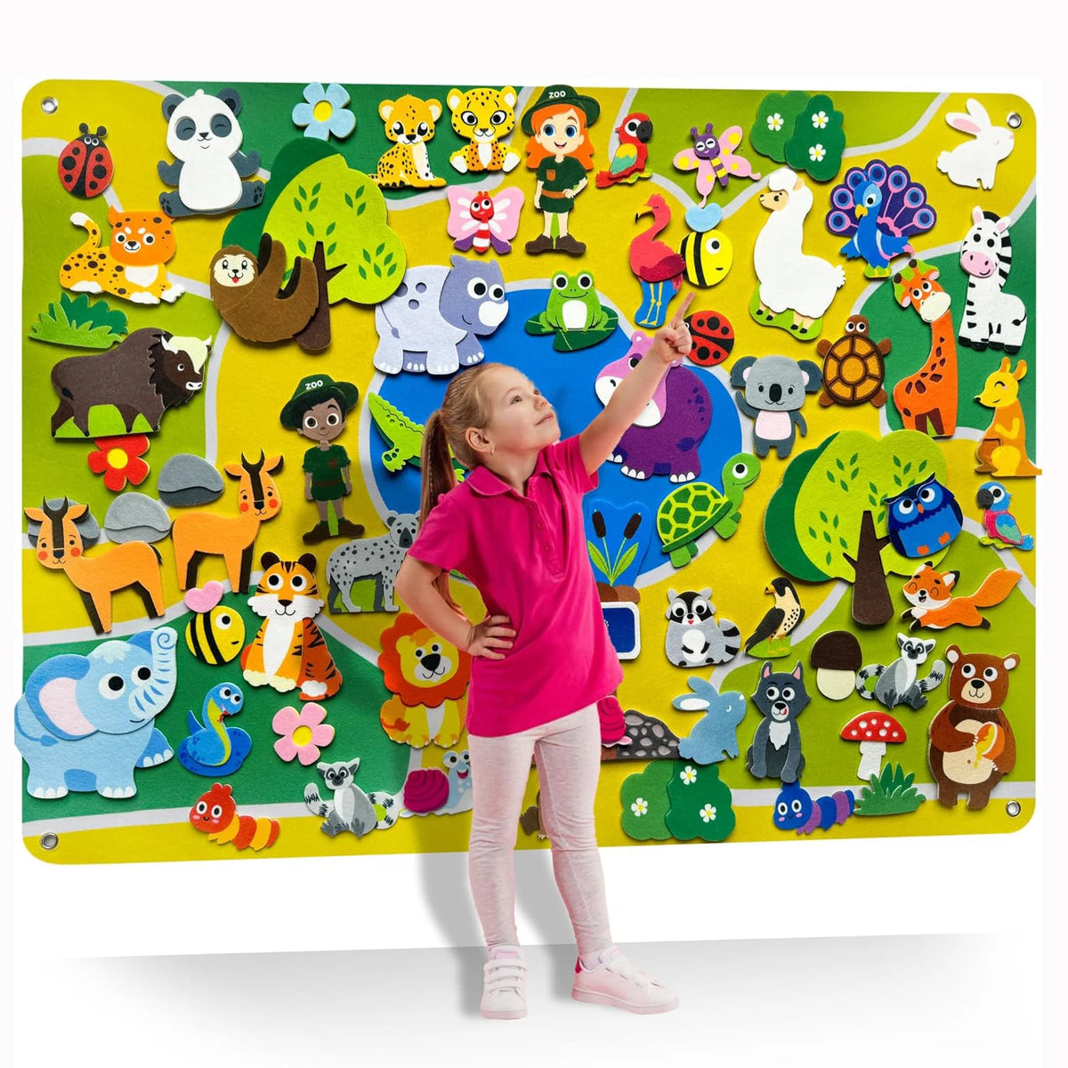 A colorful felt storytelling board set featuring various zoo animals and natural elements for children.